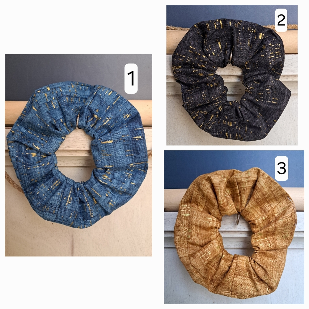 ONE Scrunchie Hair Tie Hair Accessory Blue Black Yellow Cotton with Gold Specks